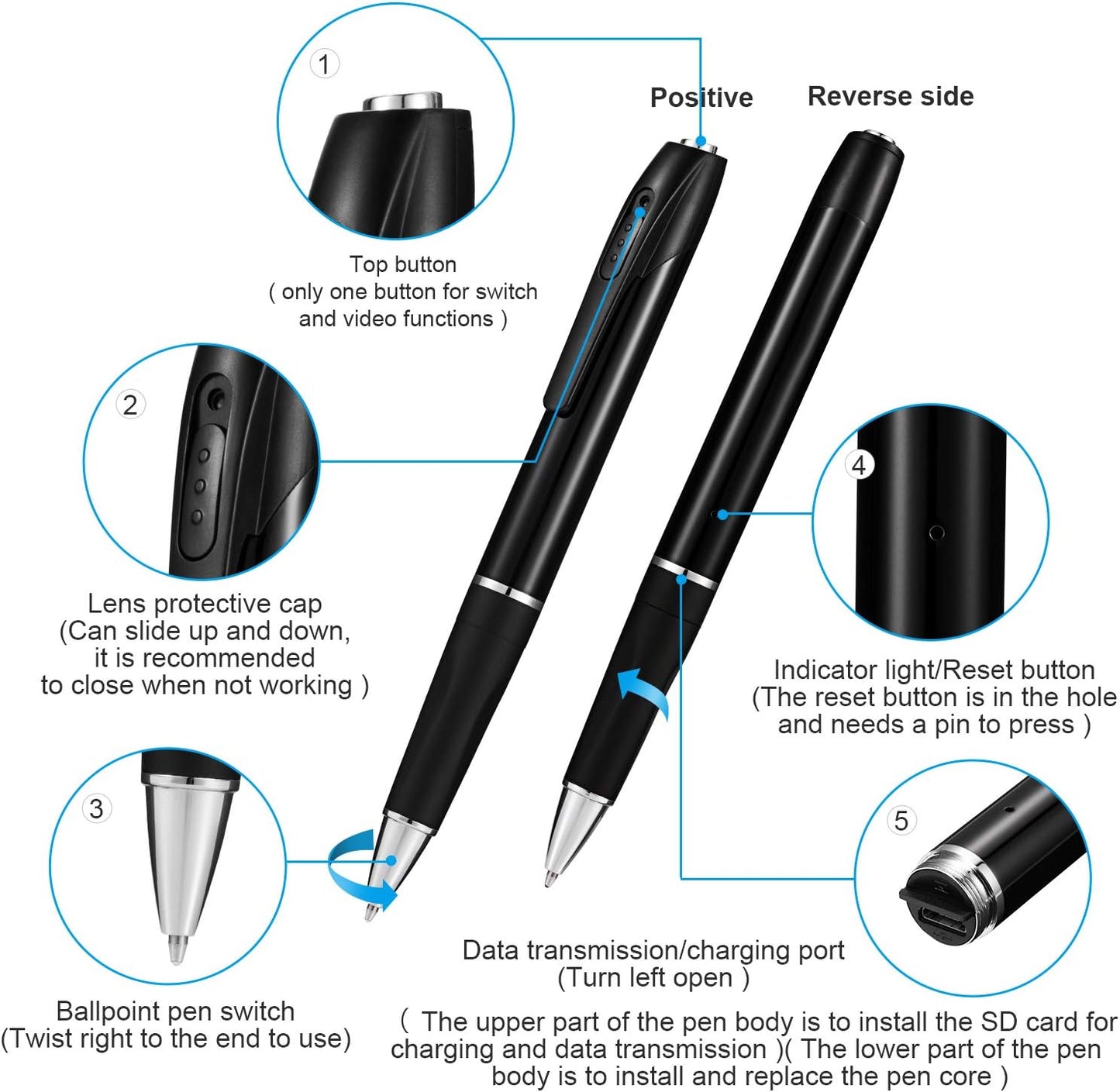W8 Spy USB Full HD Pen Camera 1920px 1080px HD Video and Audio Recording Mini Slim Metal Body