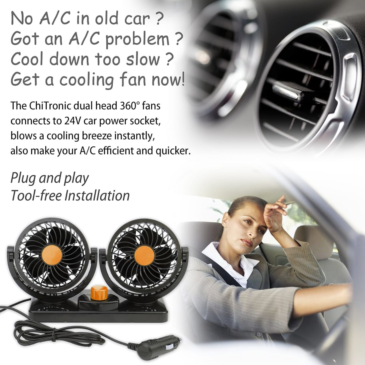 Dual Head Rotatable Car Vehicle Air Cooling Fan - Dashboard & Console Stick-On, A/C Quick Cooling, Smoke Smell Ventilation, 2 Speed Control