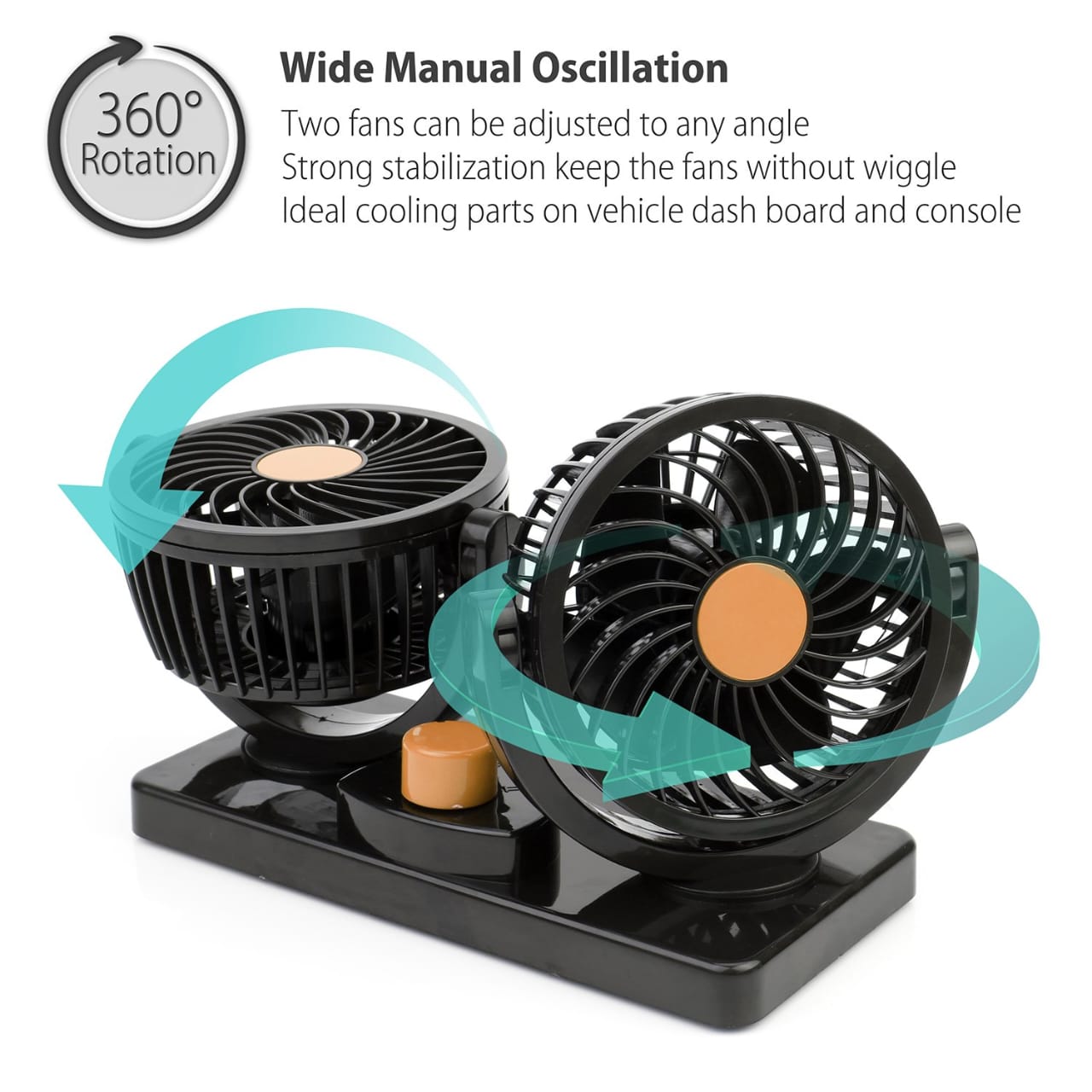 Dual Head Rotatable Car Vehicle Air Cooling Fan - Dashboard & Console Stick-On, A/C Quick Cooling, Smoke Smell Ventilation, 2 Speed Control