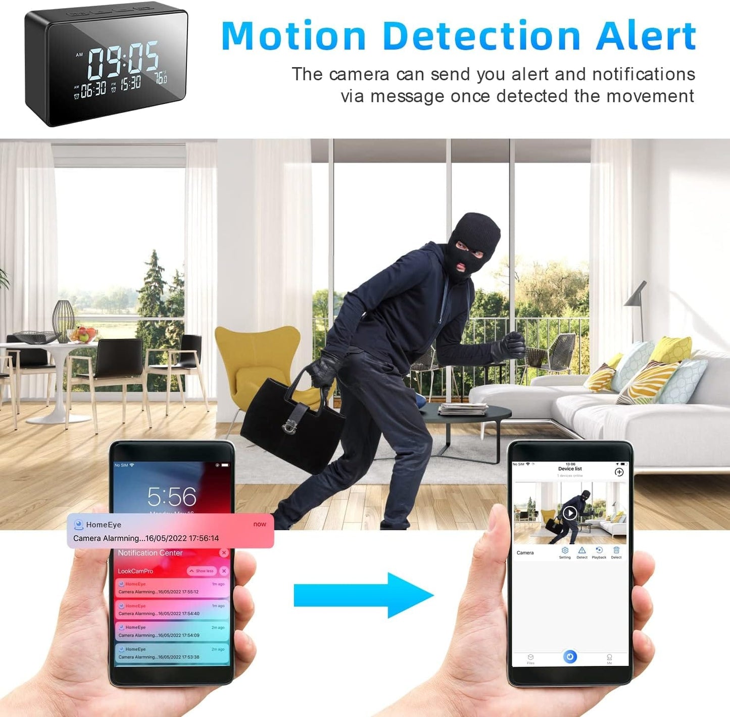 Z50 Spy Camera Alarm Table Clock Camera Hidden Wireless WiFi HD 1080P, Live Streaming Video and Audio (HomeEye)