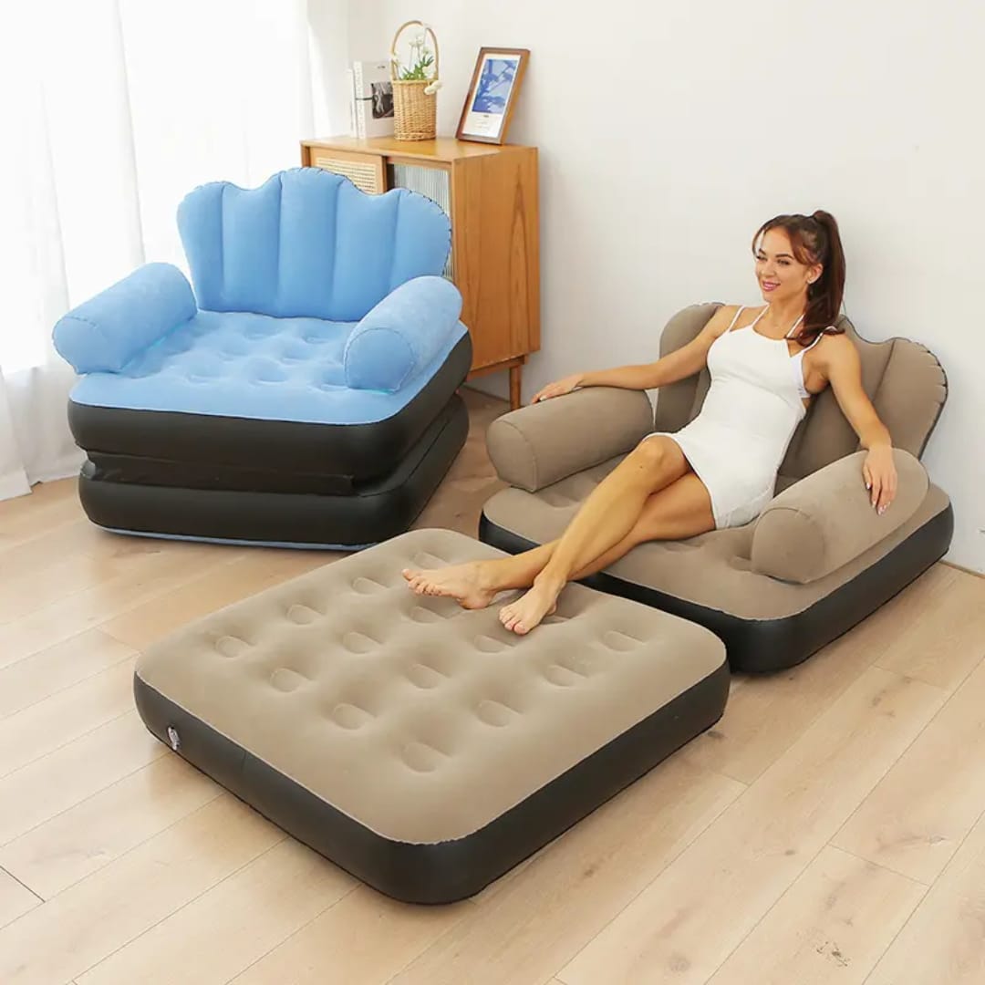 Inflatable Couch, Portable Foldable Inflatable Sofa Bed, Thickened Flocked PVC Blow Up Couch Mattress with Electric Pump