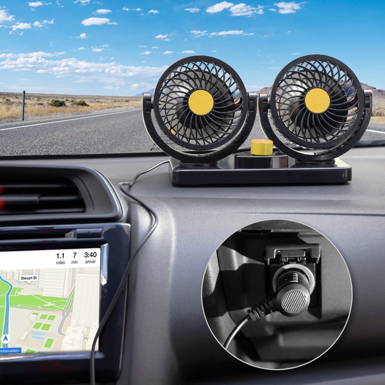 Dual Head Rotatable Car Vehicle Air Cooling Fan - Dashboard & Console Stick-On, A/C Quick Cooling, Smoke Smell Ventilation, 2 Speed Control